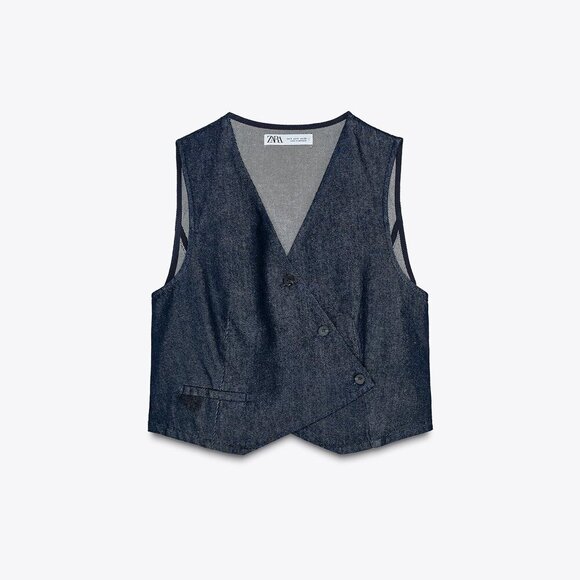 ZARA DOUBLE-BREASTED DENIM WAISTCOAT SIZE L 6929/271/443 - Picture 2 of 3